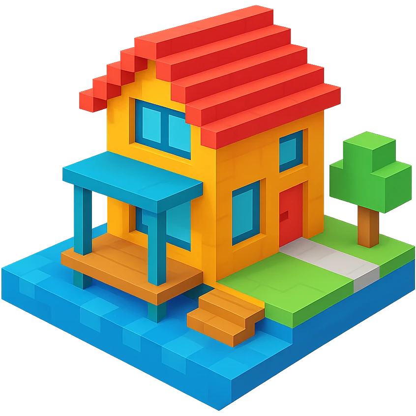 a modern house on a lake in voxel style emoji