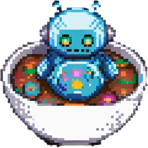 cute robot peeking out of a bowl, pixel art style emoji