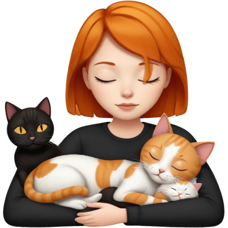 Ginger Girl short hair sleeping with two cats a black and a white bigger cat  emoji