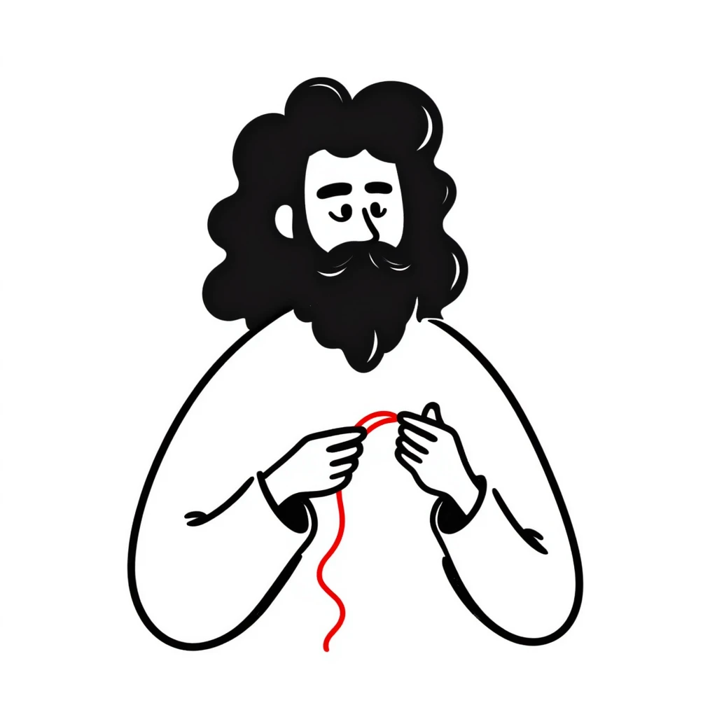 A man with a beard, long hair and a red thread in his hands emoji