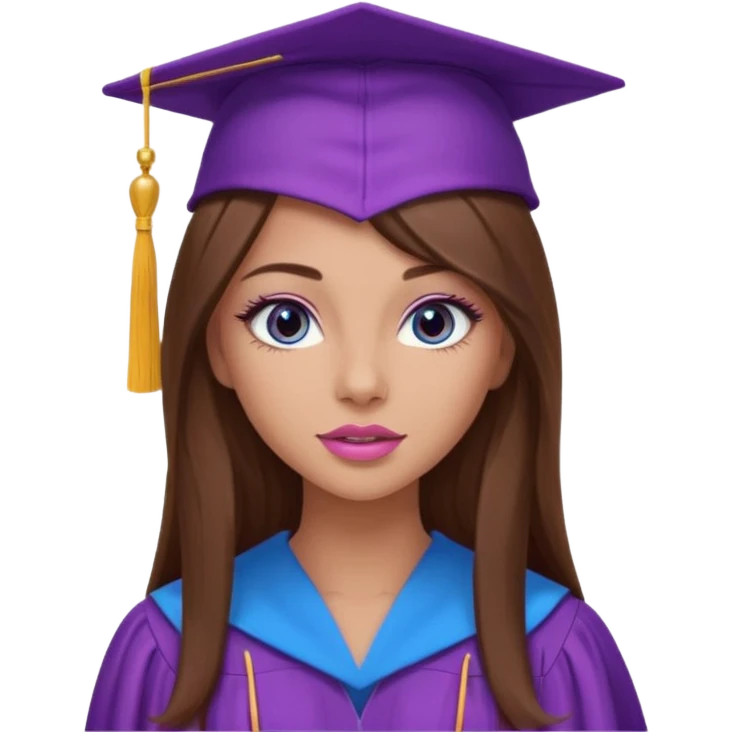 pretty girl with beautiful extremely long brown hair, blue eyes, long lashes makeup, sexy pink lips, wearing a purple graduation cap and gown emoji