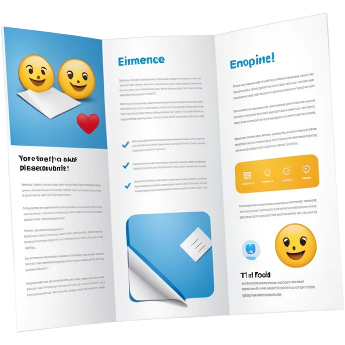 tri-fold brochure opened, with simple layout lines and image placeholders. emoji