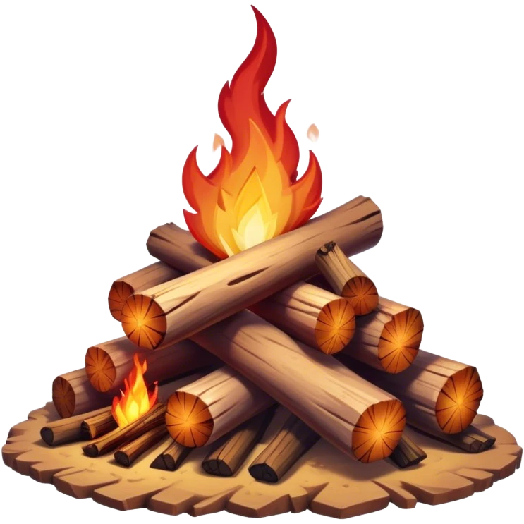 Cinematic Realistic Campfire, a roaring flame crackling atop carefully arranged logs, embers glowing deep red, golden light casting soft flickering shadows, gentle smoke drifting upwards, glowing with warmth and coziness. emoji