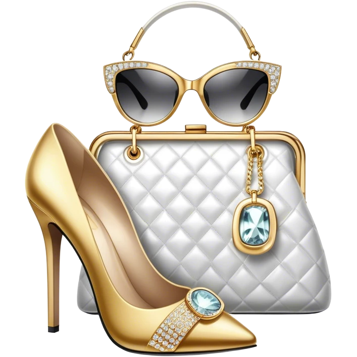 A photorealistic icon featuring luxurious fashion accessories like a high-end handbag, elegant high heels, a sparkling diamond necklace and a stylish pair of sunglasses. The design includes gold accents, soft lighting, and glamorous textures, fashion, and VIP luxury. Transparent background emoji
