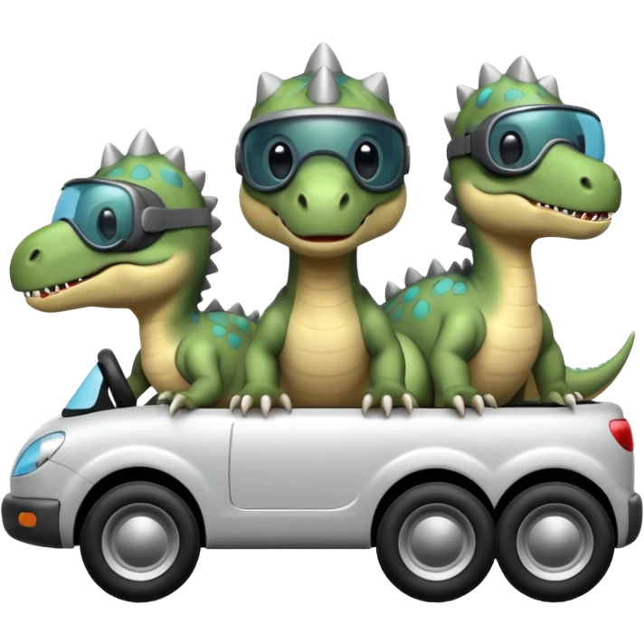 Tres dinosaurios bebés grises subidos en un carro tecnológico blanco con lentes de realidad virtual emoji