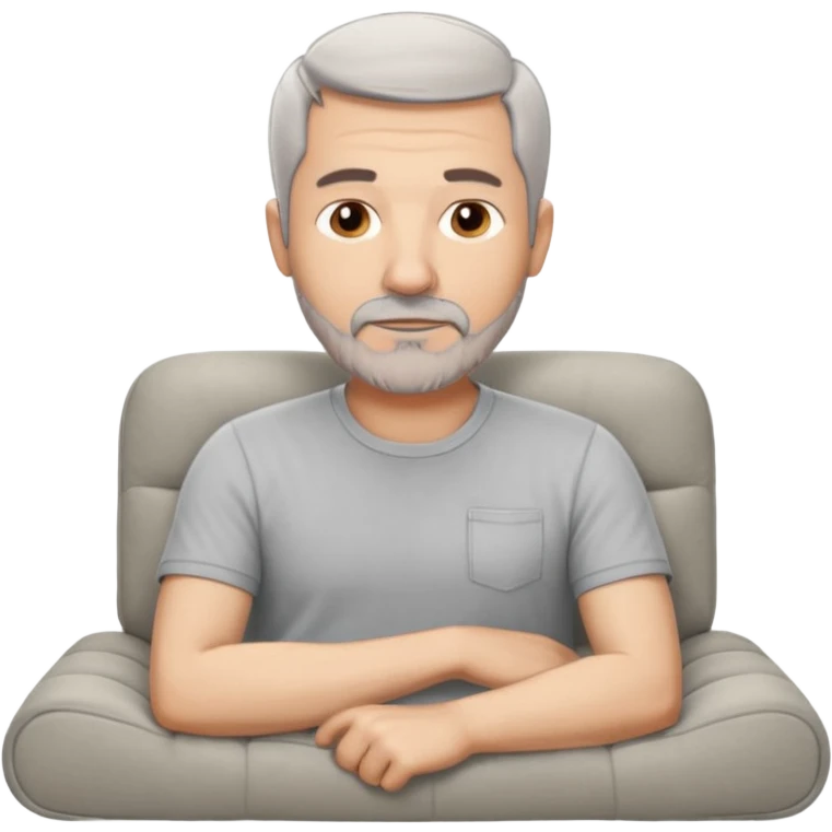a 50 year man, short grey hair, stubble beard, laying on a ottoman of a light grey cord sofa, front view emoji