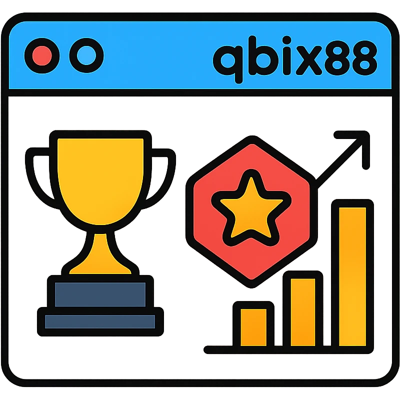 Gaming platform icon for qbix88 online games with trophy, expert badge and popularity chart emoji