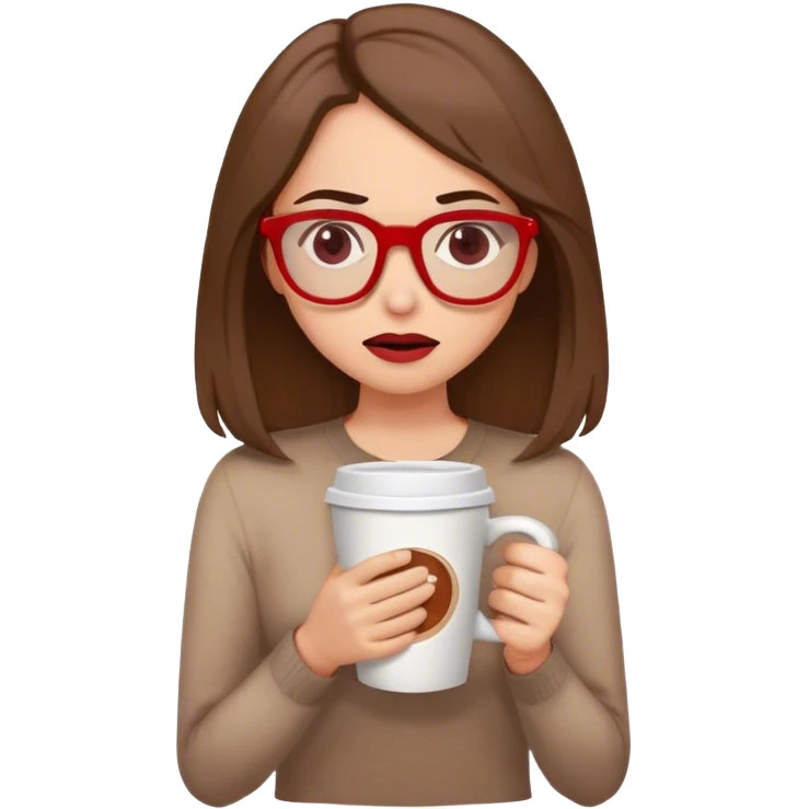 Brown shoulder length hair. Woman, red glasses. Very big coffee. Looks stressed emoji