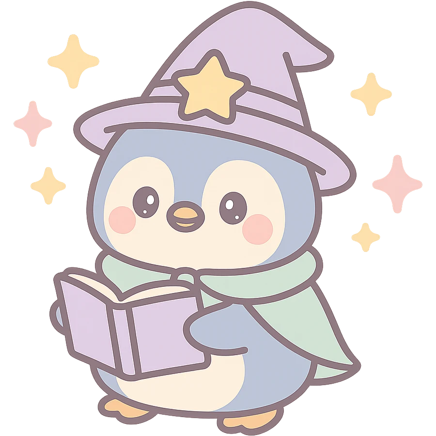 a chubby penguin in wizard attire, holding an open spellbook, magical aura around emoji
