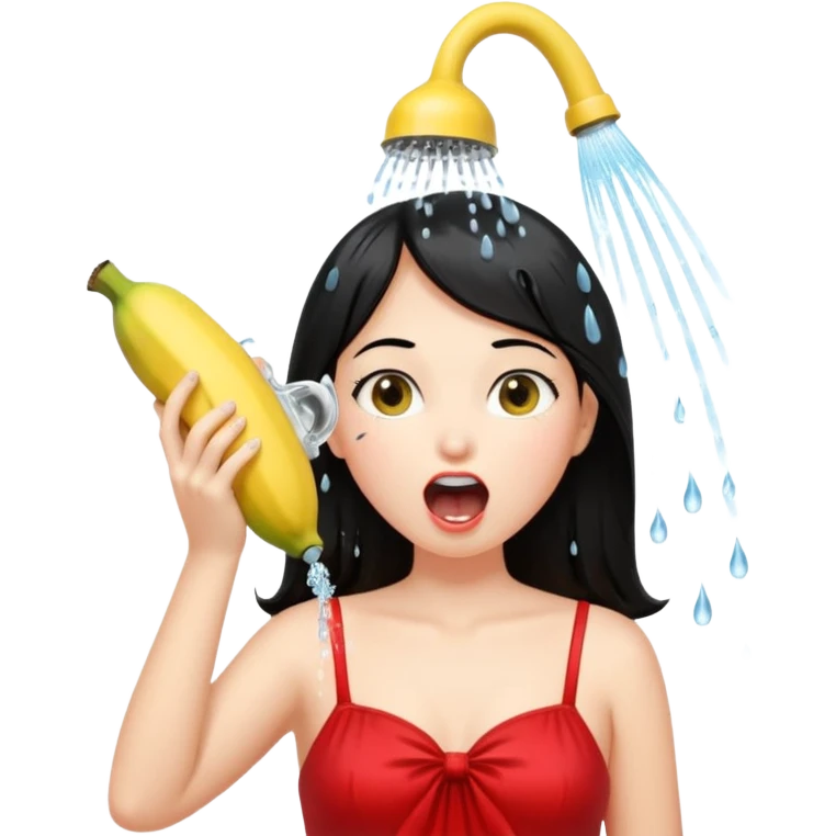 a girl with black hair and red dress with opened mouth drinking pale yellow water coming out from a shower looking like a banana above her head emoji