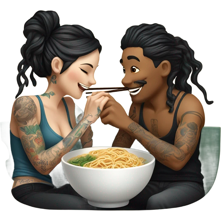 romantic noodle date with beautiful loving tattooed white couple sharing noodle emoji