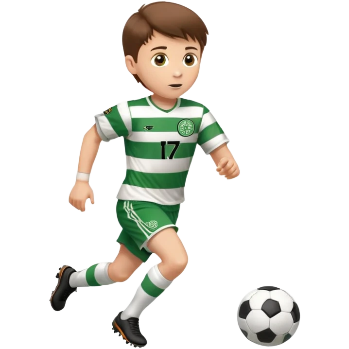 Celtic footballer jersey logo  6 years old brown hair white boy , brown eyes , stripes uniform , RUNNING  with soccer ball # 17 celtic football logo PUT ONLY ONE LOGO emoji