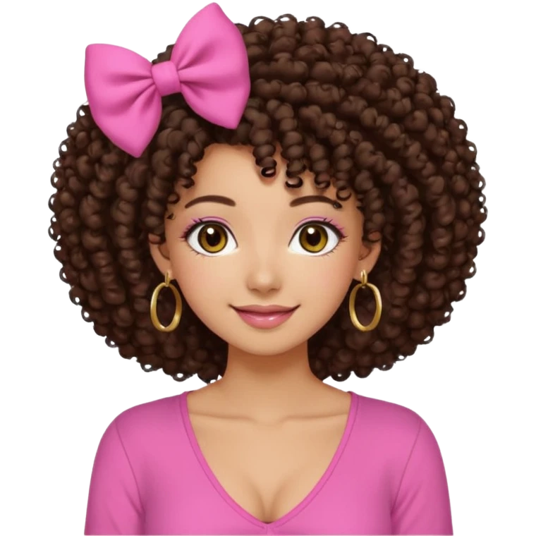 Naturally tan skin girl short darkBrown curly afropink shirt very long lashes hoop gold earrings Brown eyes gyaru smiling closed mouth cute bow hairclip small on the side. V neck pink shirt emoji