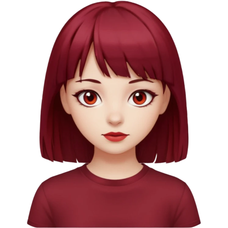 beautiful girl with dark maroon and red medium hair, straight bangs and red bando, red eyes, brown long tshirt, white skin emoji