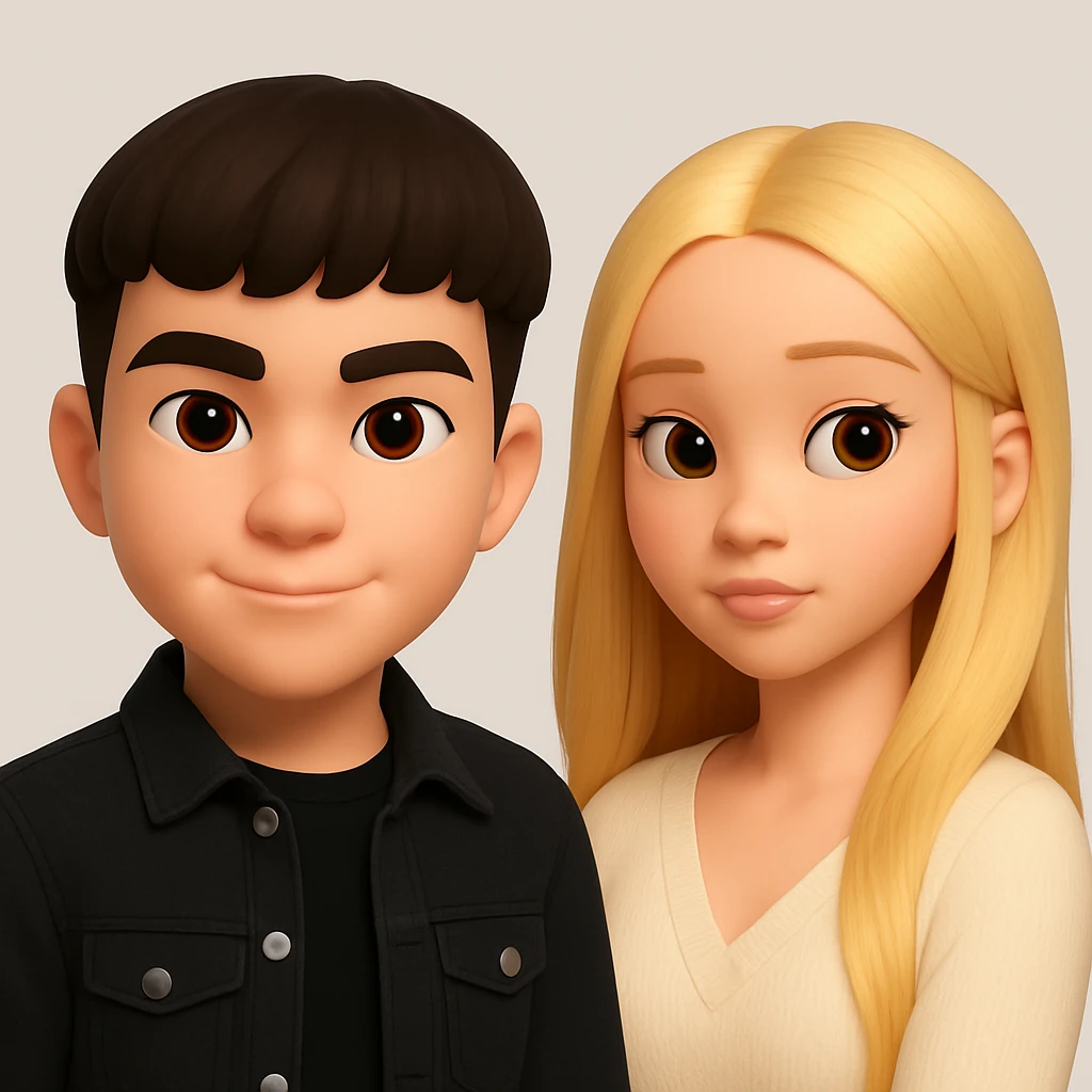 Place these two 3d-emoji style characters side by side on one image, as two separate emojis, no interaction, neutral background emoji