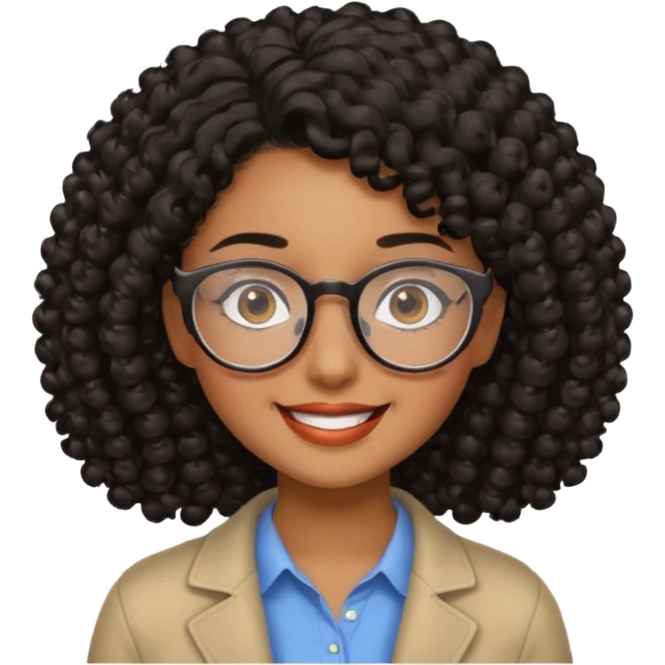 Chica con cabello rizado color negro, piel morena y que use lentes emoji