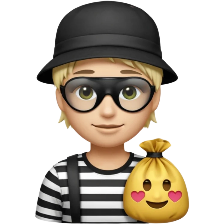 Realistic ios emoji-style portrait of a classic burglar, a black eye mask and a black-and-white striped shirt. Highly detailed, natural skin texture, realistic shadows, smooth gradients, glossy reflections in the eyes. emoji-like hair, black hat, an ios emoji bag of money in a right corner  emoji