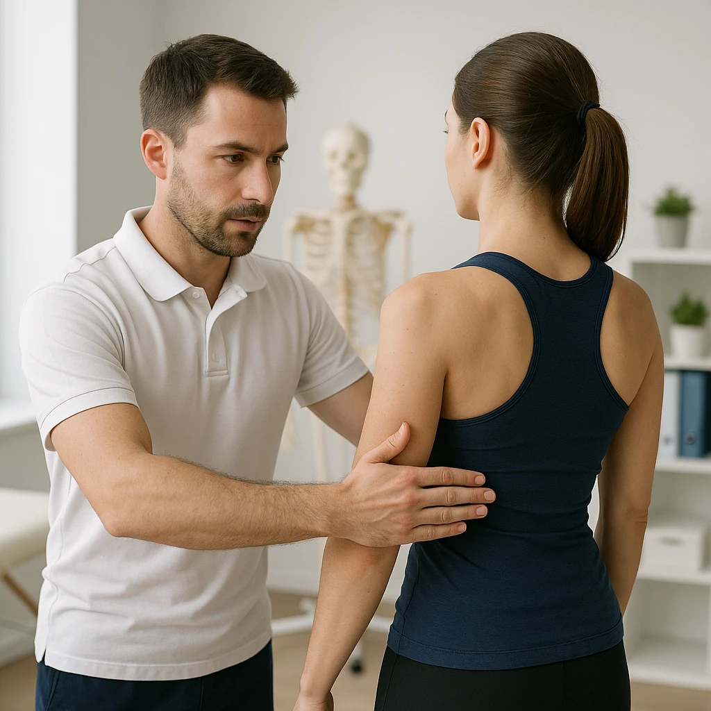 realistic kinesiologist evaluating a patient's posture during a kinesiological assessment in a clinical environment, inspired by reference photo https://attic.sh/r66tucayi7ewfjges2vhulor9bux emoji