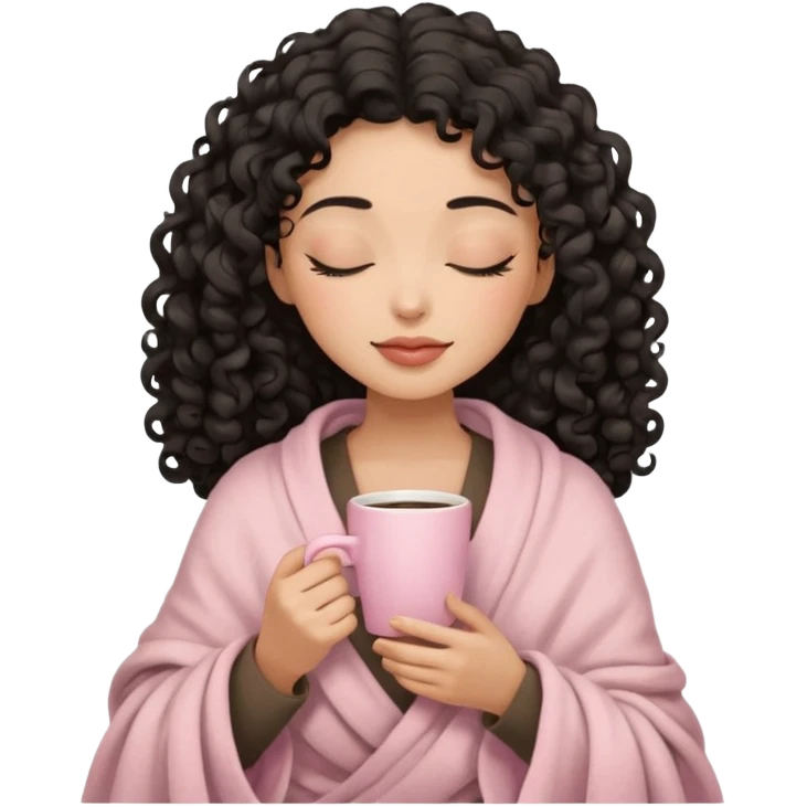 woman with medium sand tone, black long 3b curls, closed eyes, feminine face, holding soft pink coffee cup with beige blanket over shoulders emoji