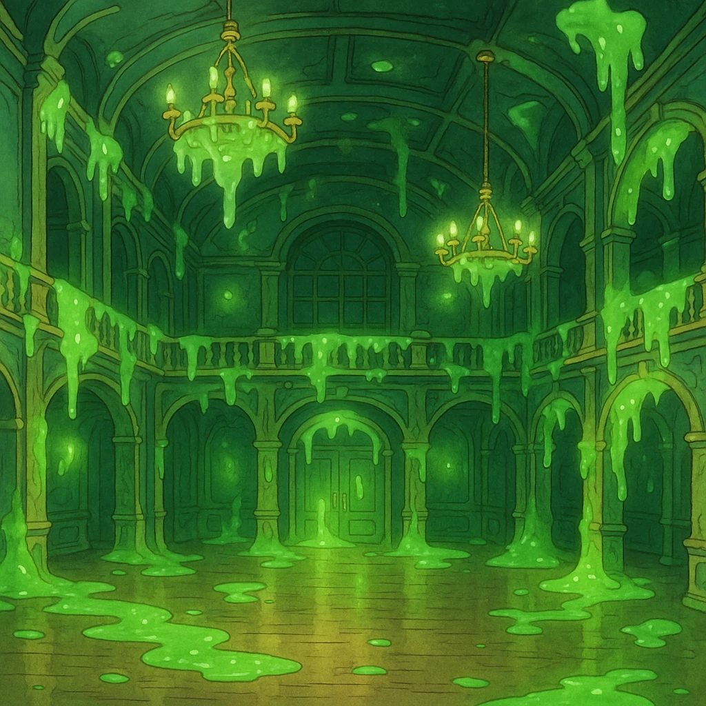 a ghibli-inspired dance hall with a whimsical, slimy atmosphere and glowing green ooze emoji