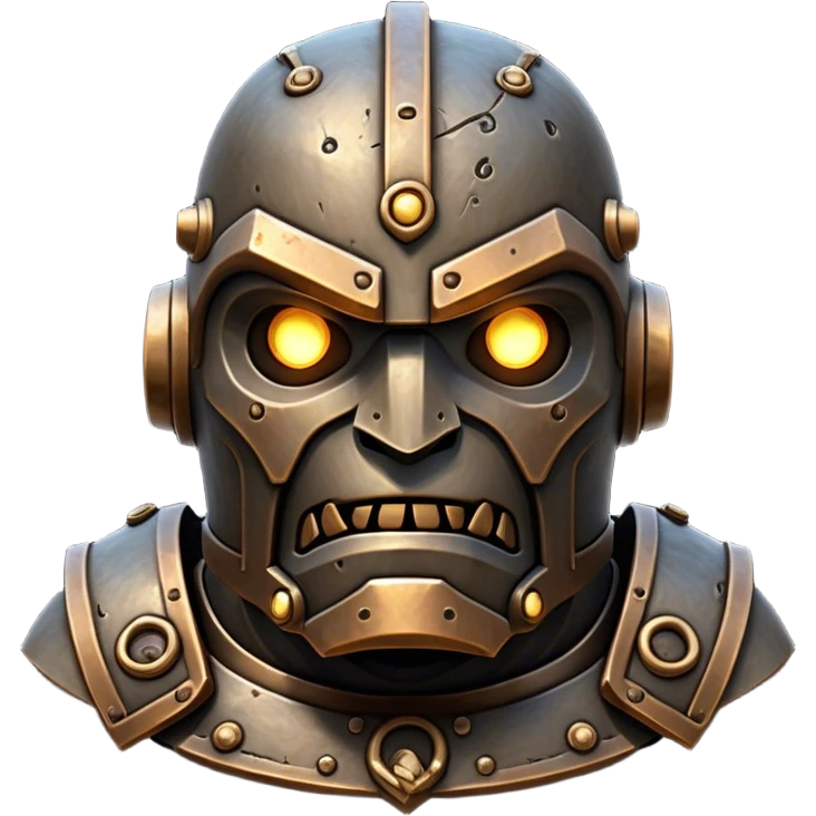 Cinematic Noble Mighty Iron Golem Portrait Emoji Poised and imposing, with a towering, metallic form forged from intricately detailed plates of burnished steel and ancient bronze, etched with faint traces of runes and weathered marks of time. Its piercing, glowing eyes radiate unwavering resolve, casting a solemn and commanding presence; rendered with lifelike texture and natural metallic highlights, high shine, elegant yet indomitable, styled with an aura of legendary endurance, focused and resolute, soft glowing outline, capturing the essence of an eternal guardian, standing vigilant and immovable as if ready to awaken at any moment with unstoppable might! emoji