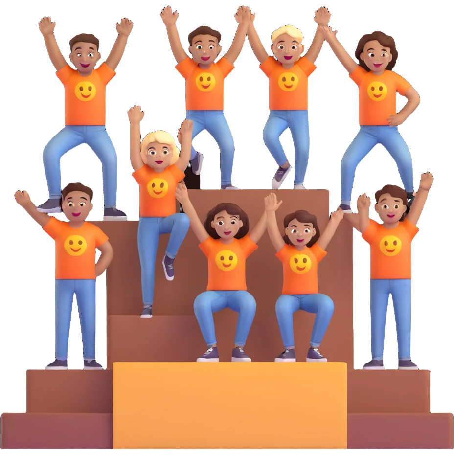multi-racial group on a brown winners’ podium with the middle step higher, no numbers, all in colorful jeans, t-shirts, and hoodies, excited fun expressive 3D emoji style emoji