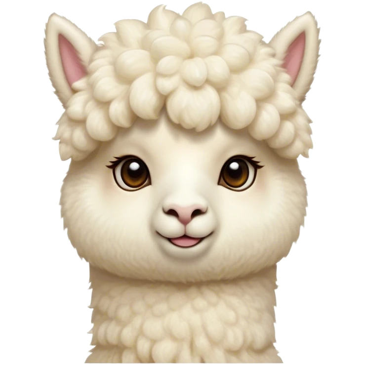 Cinematic Cute Cream Alpaca Portrait Emoji, Head tilted playfully and inquisitively, featuring a fluffy, cream fleece with a natural sheen, round, sparkling gentle eyes filled with curiosity, Simplified yet irresistibly adorable features, highly detailed, glowing with a warm, friendly glow, high shine, affectionate and gentle, stylized with a touch of whimsy, bright and endearing, soft glowing outline, capturing the essence of a mischievous yet loving alpaca, so playful it feels like it could prance out of the screen and into your arms! emoji