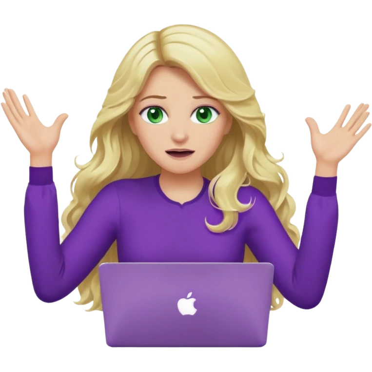 lady with long wavy blonde hair, purple top, green eyes, throwing her with a purple mac laptop hands in the air crying emoji