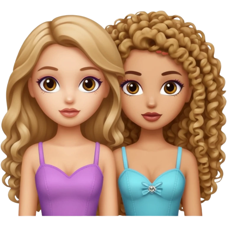 2 pretty bratz fair girls. One has straight hair and is tan. One is fair with curly hair emoji