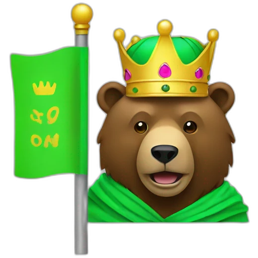 a brown bear with a crown holding a neon green flag emoji
