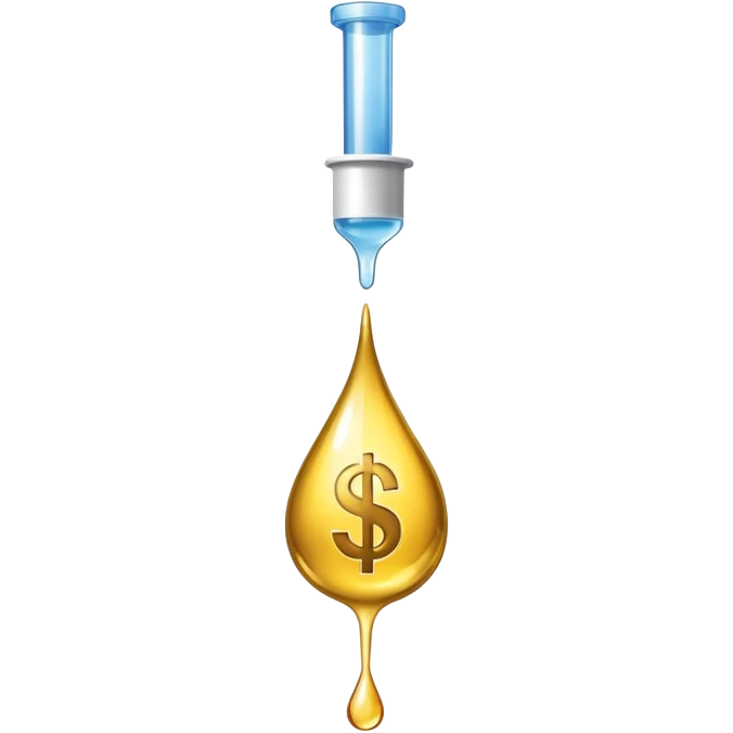 pipette dripping a golden drop, drop contains a dollar sign emoji