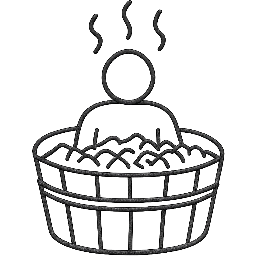 person in a wooden tub filled with ice, steam rising, hand drawn style emoji