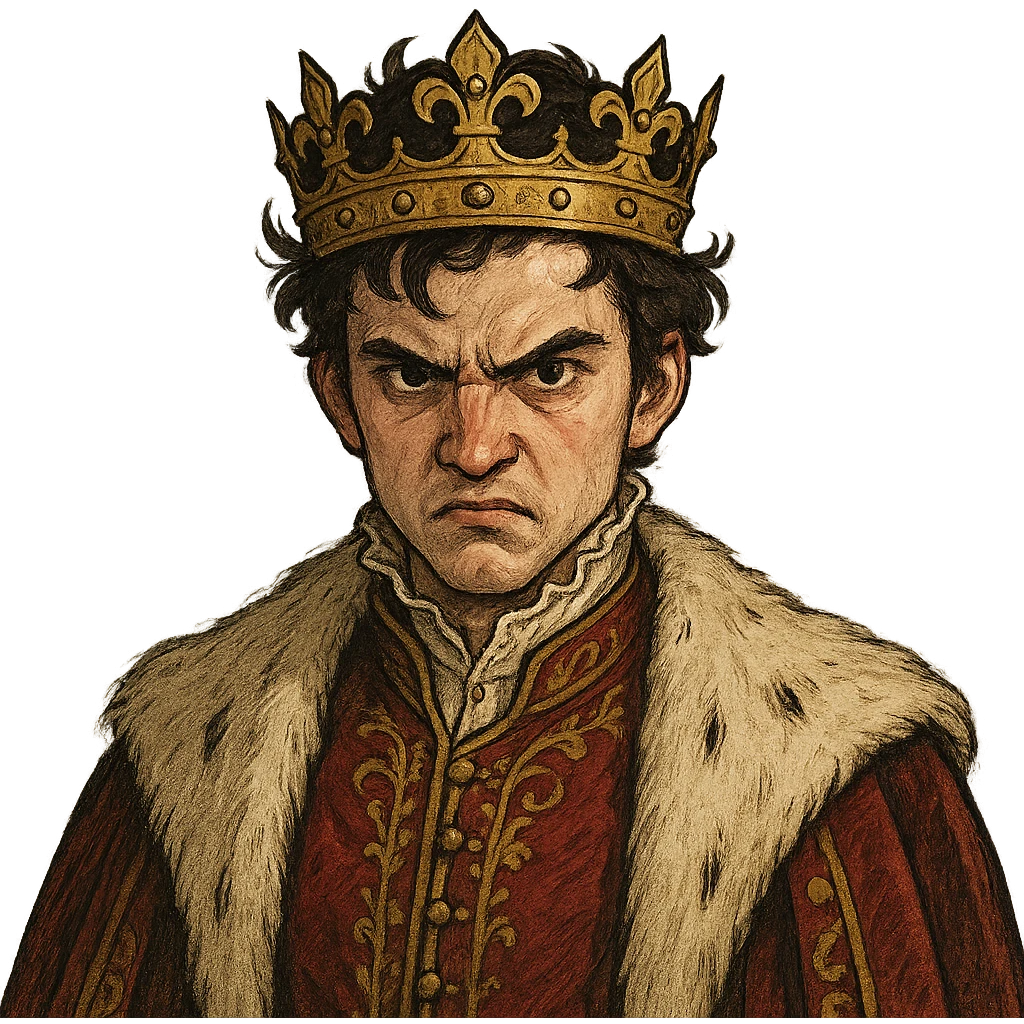angry prince with crown, white skin, dark eyes, dark hair, varied style emoji