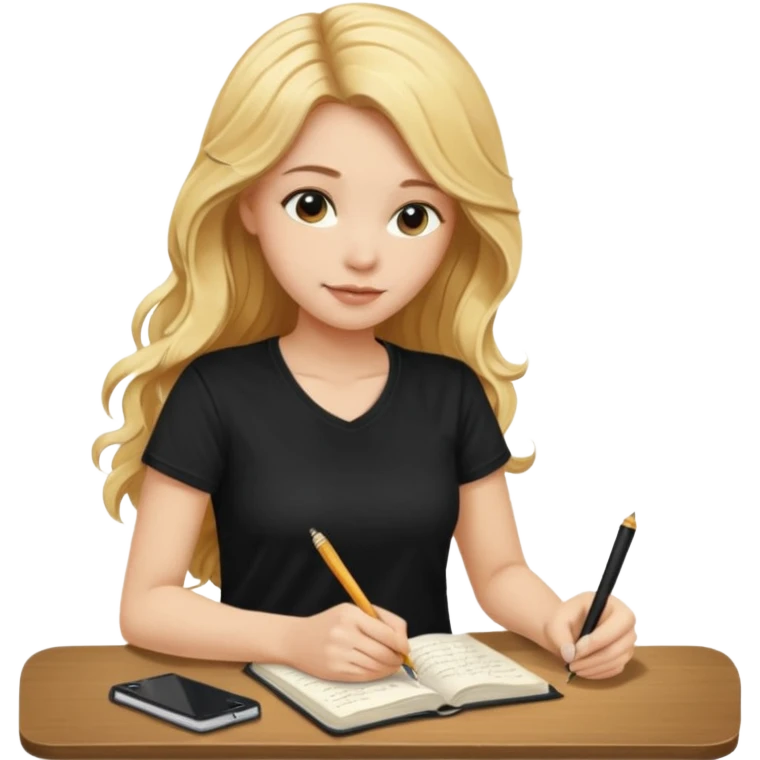 A beautiful blonde with long wavy hair in a black T-shirt sits and writes in a diary with a brown pen without table  emoji
