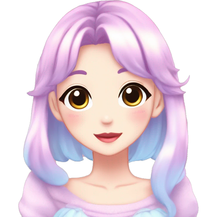 Gorgeous anime style lady blushing face dreamy idol model colorful shiny sparkle kawaii pastelcore cottagecore pearly petite simplistic aesthetic trending style emoji