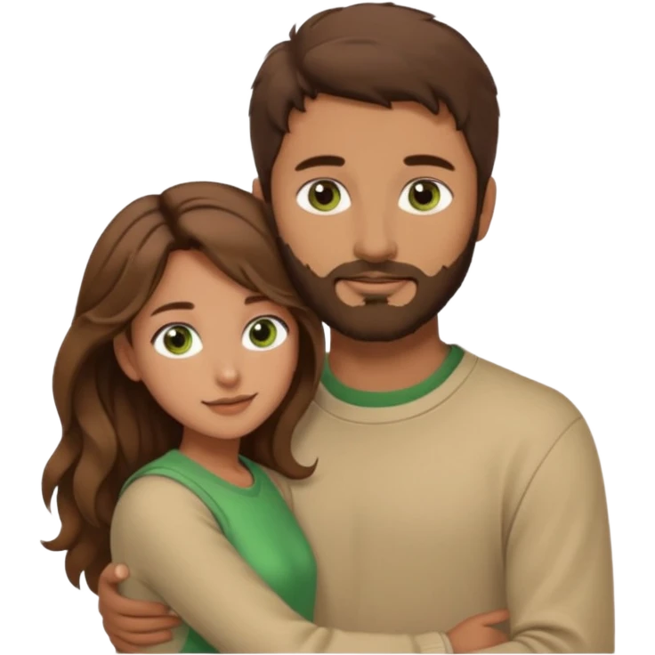 a man with short brown hair and brown beard with brown eyes and a girl with long brown wavy hair with green eyes, togheter. Beige clothes, hugged each other emoji