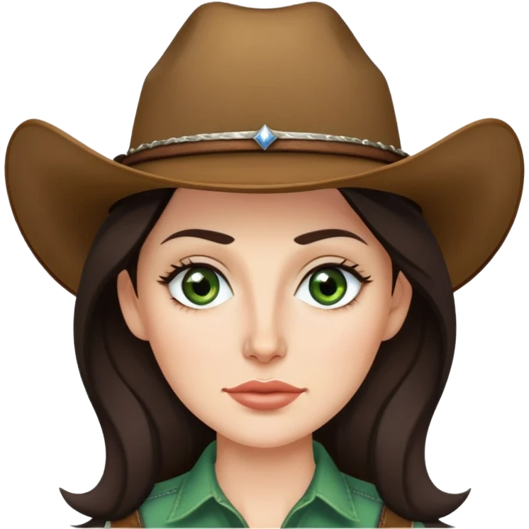 Me  a white woman with long dark brown hair green eyes and thin top lip and big bottom lip and a mole on my left side of my chin very thin eyebrows with a scar on the right eyebrow and a cow girl emoji