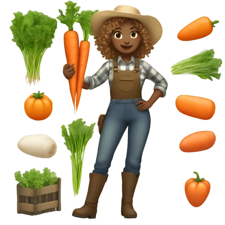 full body farmer girl with curls and curls, holding carrots, light skin, light hair emoji