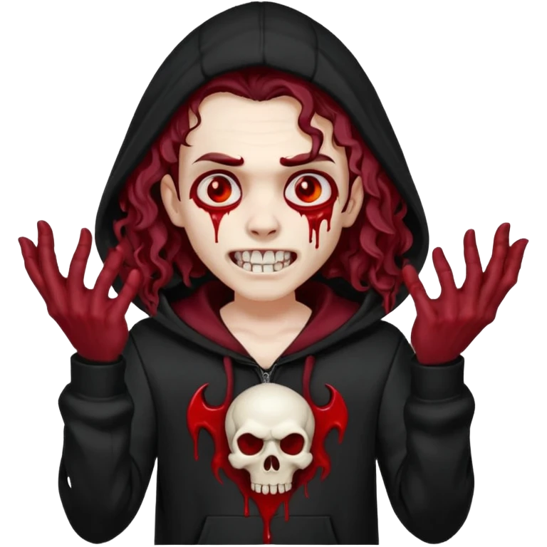 Vampire wearing a black hoodie with a skull logo on it, long curly hair that covers the forehead, fanged teeth and blood on hands emoji
