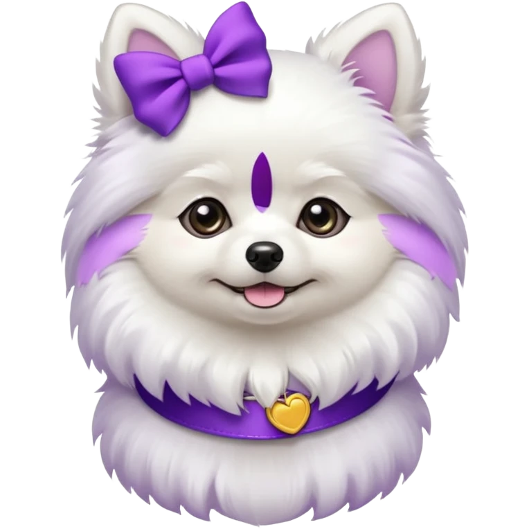 White Pomeranian with purple bows on ears and collar emoji