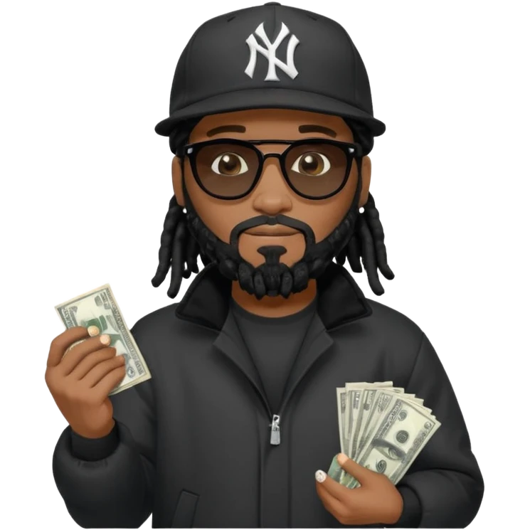 African American man with shoulder length black dreadlocks with black beard wearing black sunglasses wearing a black New York Yankees logo baseball Cap wearing a black bubble winter coat counting money in his hand emoji