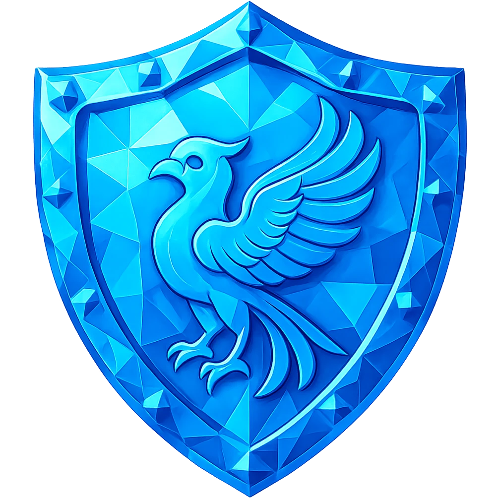 Create a diamond shield in emoji style, blue crystalline and faceted, matching the shape and style of the original silver shield. The shield should have highly detailed facets and shine, with no gold or silver. Transparent background. emoji