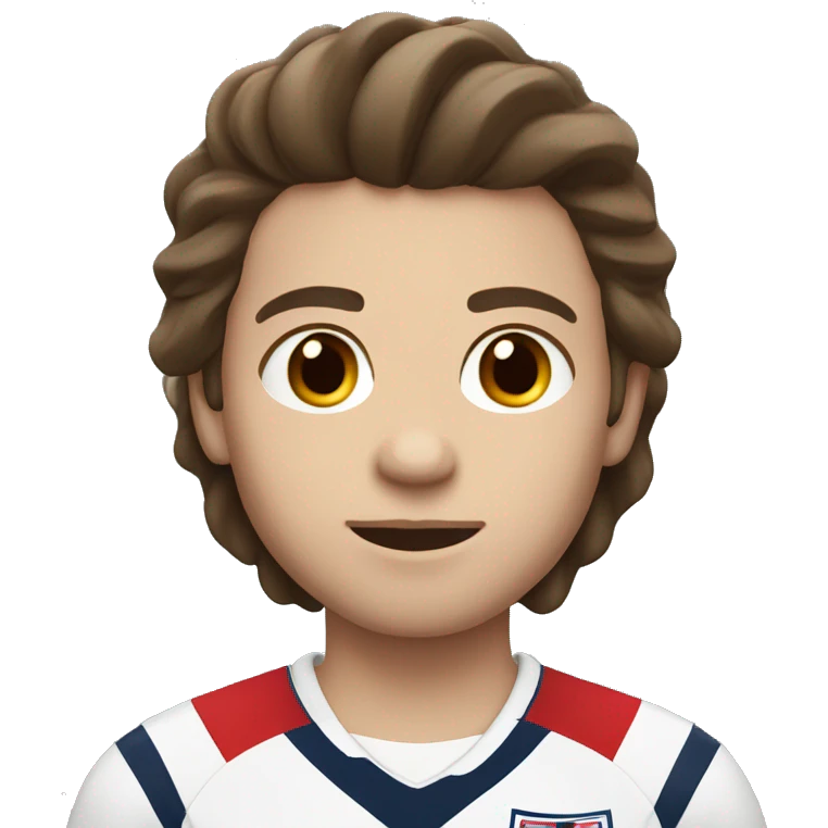 A white person with a England football jersey on dark brown neat hair who is a boy emoji