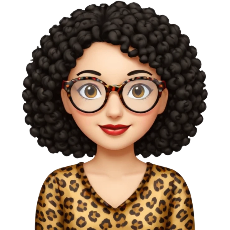 A women with a black curly hair and heart glasses, leopard print dress emoji