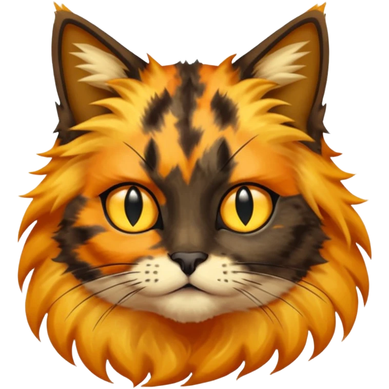 long hair tortoiseshell cat with a black face and yellow lightning mark above nose emoji
