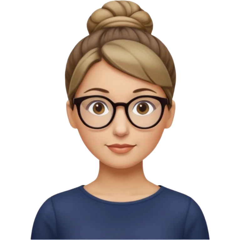femme de 38 ans avec des cheveux blond foncé sans mèche devant, un chignon haut, yeux bruns, lunettes rondes emoji