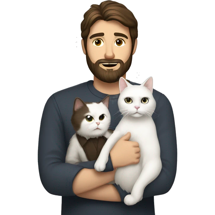 A whit man with dark brown hair and beard holding white cat emoji