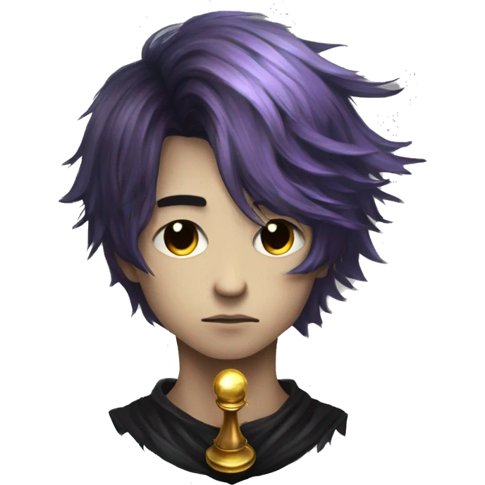 Hamlet young skinny sad man iridescent hair wearing raven feathers with a gilded hourglass and golden flames yin yang chess board emoji