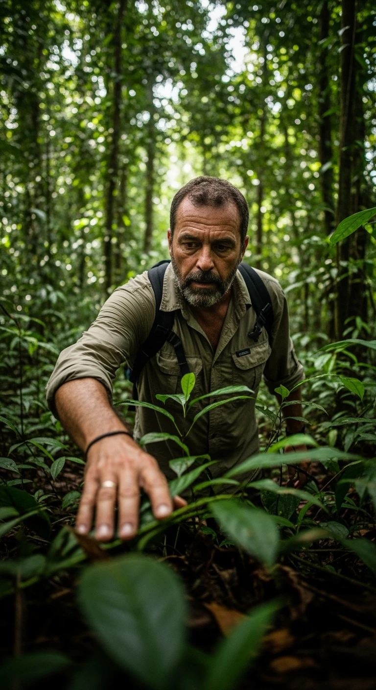 cinematic still, documentary photography, amazon jungle, well lit scene, man is exploring the jungle, close up, front shot emoji