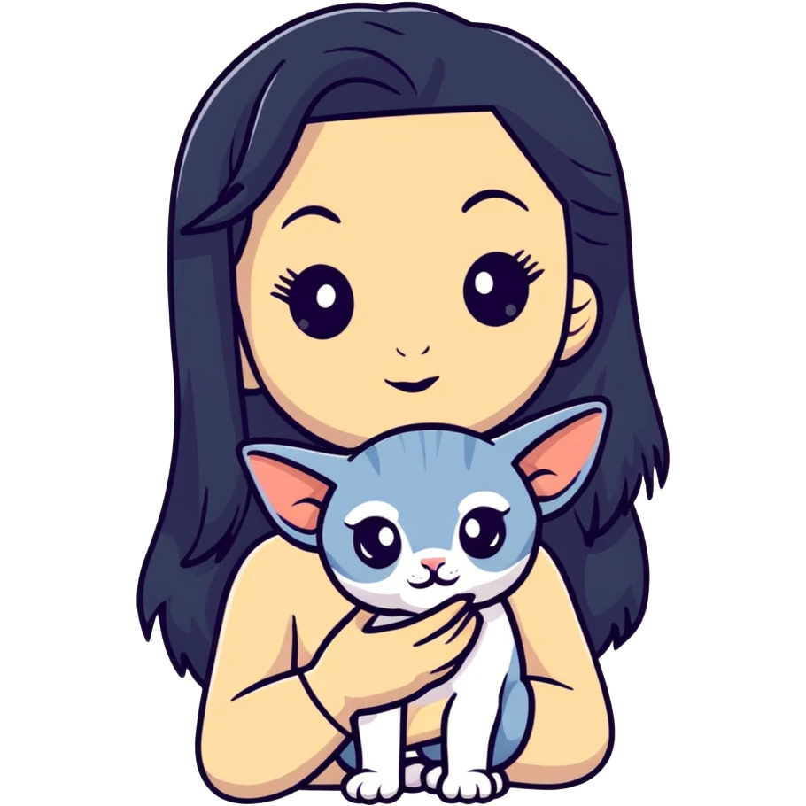 beautiful girl with long black hair holding a hairless sphinx cat emoji